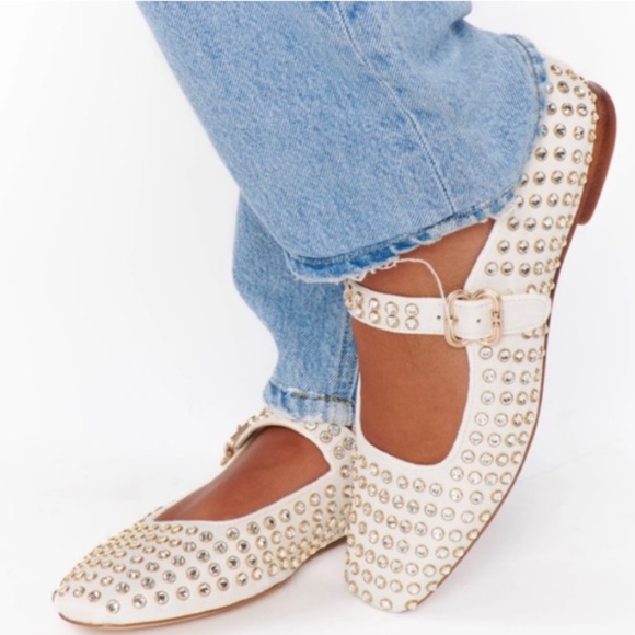 Revolve x Camila Coelho Cream Studded Mary Jane Canvas Ballet Flats 7.5 NWOB - Picture 6 of 6